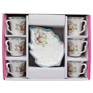Ms Morry 6'lı Yaprak Tabaklı Porselen Kahve Fincan Takımı - Çiçek