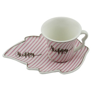 Ms Morry 6'lı Yaprak Tabaklı Porselen Kahve Fincan Takımı - Happy