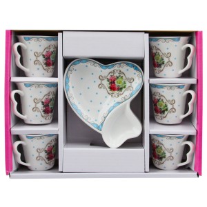 Ms Morry 6'lı Çift Kalp Tabaklı Porselen Kahve Fincan Takımı - Çiçek